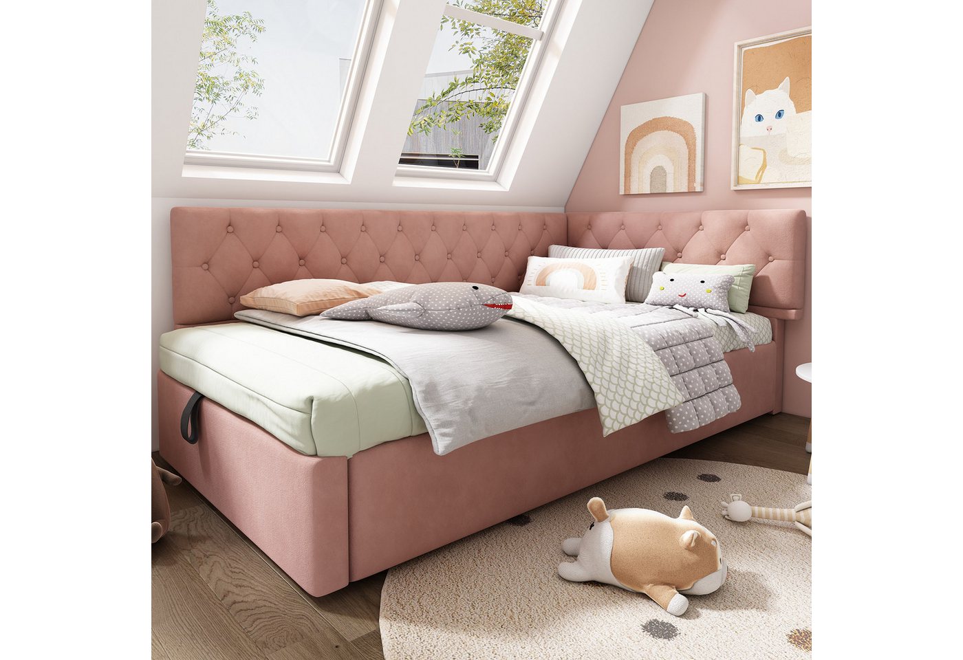 Flieks Polsterbett, Kinderbett Daybett 90x200cm Schlafsofa mit hydraulischem Stauraum – Bild 2 von 5