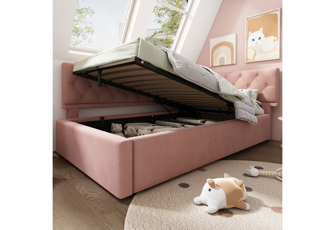 Flieks Polsterbett, Kinderbett Daybett 90x200cm Schlafsofa mit hydraulischem Stauraum – Bild 3 von 5