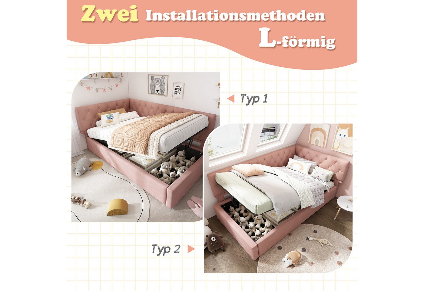 Flieks Polsterbett, Kinderbett Daybett 90x200cm Schlafsofa mit hydraulischem Stauraum – Bild 4 von 5
