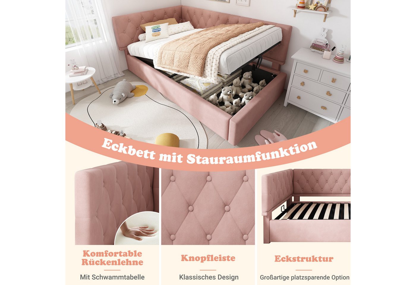 Flieks Polsterbett, Kinderbett Daybett 90x200cm Schlafsofa mit hydraulischem Stauraum – Bild 5 von 5