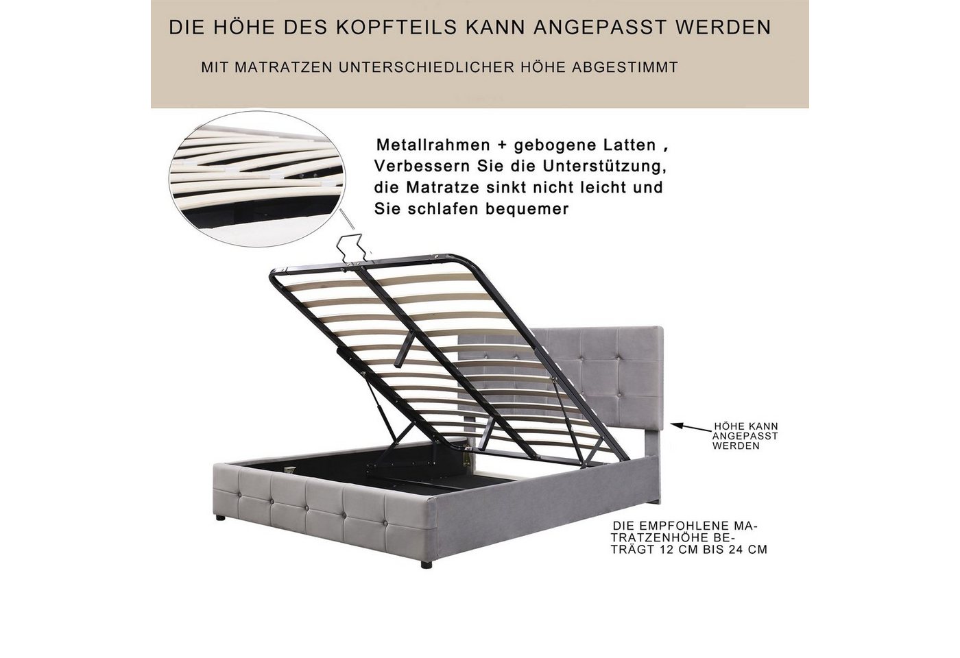 Flieks Polsterbett, Hydraulisches Stauraumbett Doppelbett Samtbezug 140x200cm – Bild 5 von 5