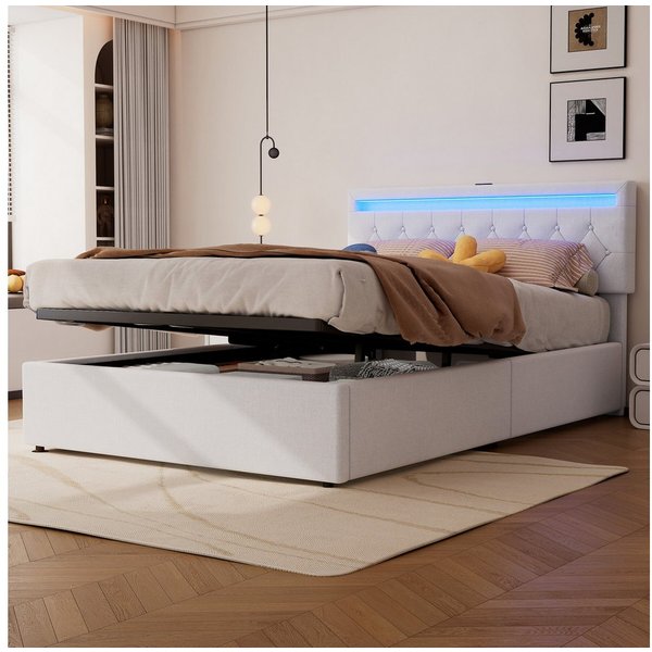 Flieks Polsterbett, LED Hydraulisches Doppelbett 140x200cm mit Ladefunktion und Stauraum