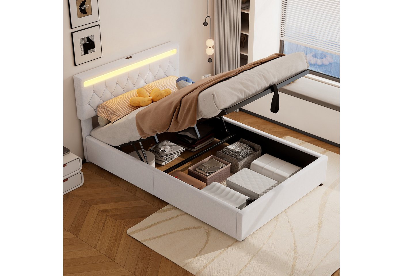Flieks Polsterbett, LED Hydraulisches Doppelbett 140x200cm mit Ladefunktion und Stauraum – Bild 3 von 5