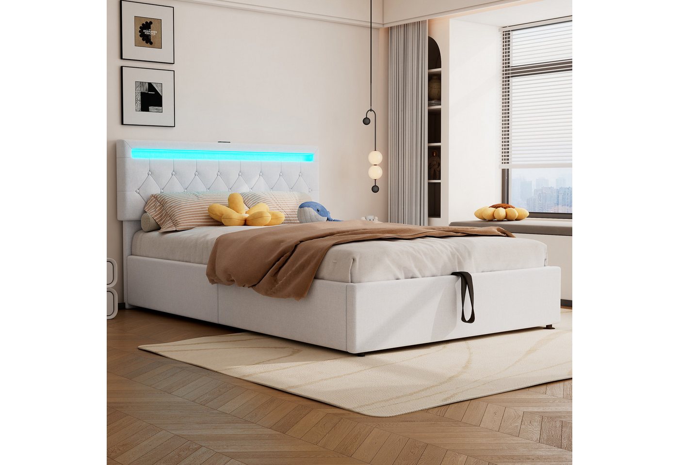 Flieks Polsterbett, LED Hydraulisches Doppelbett 140x200cm mit Ladefunktion und Stauraum – Bild 4 von 5