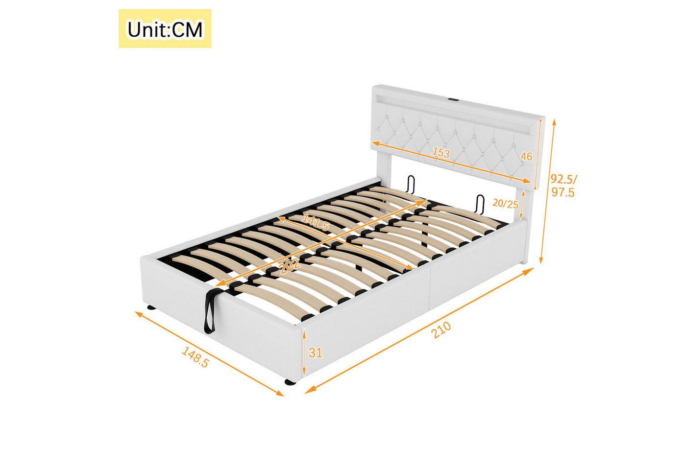 Flieks Polsterbett, LED Hydraulisches Doppelbett 140x200cm mit Ladefunktion und Stauraum – Bild 5 von 5