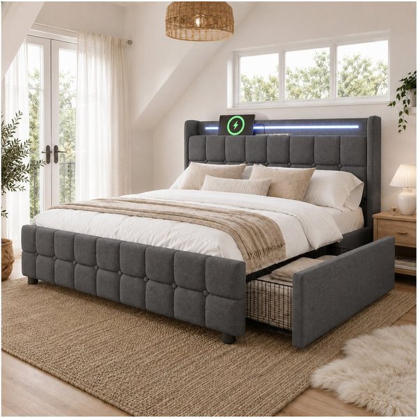 Flieks Polsterbett, LED-Beleuchtung Doppelbett 140x200cm mit Ladefunktion und 4 Schubladen