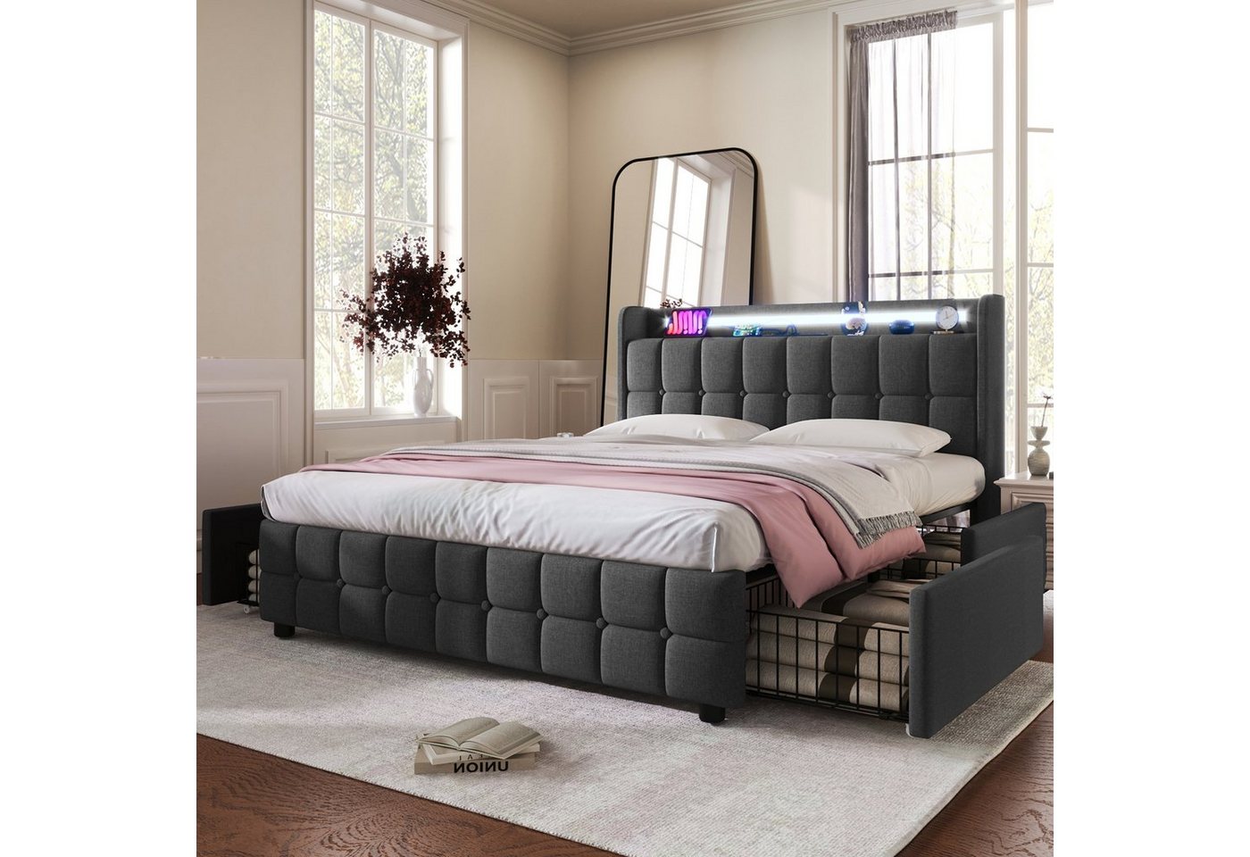 Flieks Polsterbett, LED-Beleuchtung Doppelbett 140x200cm mit Ladefunktion und 4 Schubladen – Bild 2 von 5