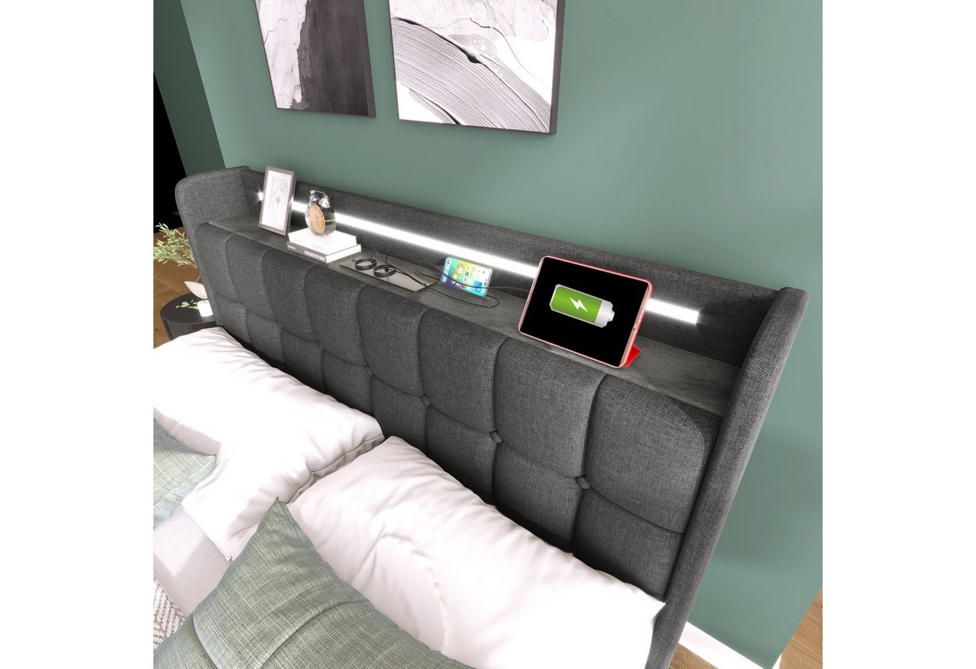 Flieks Polsterbett, LED-Beleuchtung Doppelbett 140x200cm mit Ladefunktion und 4 Schubladen – Bild 4 von 5