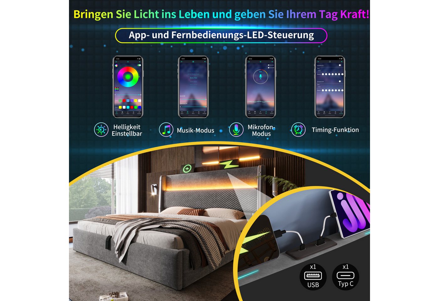 Flieks Polsterbett, Hydraulisches Stauraumbett 180x200cm mit LED-Beleuchtung & USB/Type-C – Bild 4 von 5