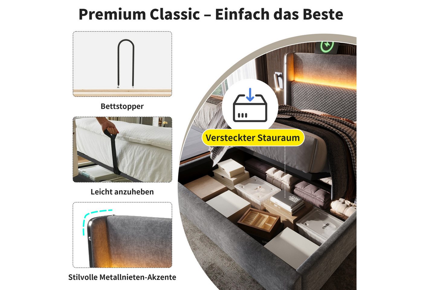 Flieks Polsterbett, Hydraulisches Stauraumbett 180x200cm mit LED-Beleuchtung & USB/Type-C – Bild 5 von 5