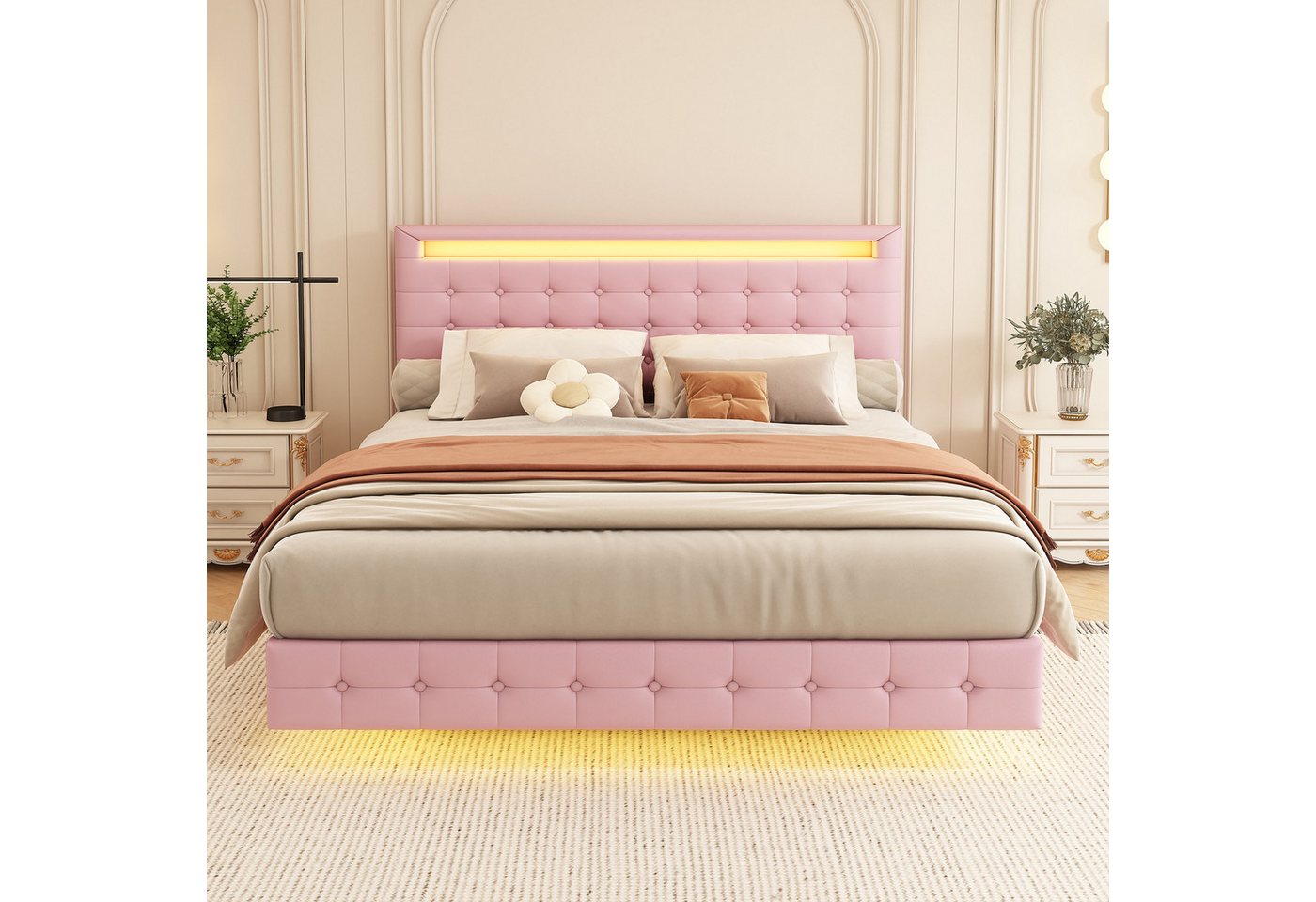 Flieks Polsterbett, LED Doppelbett Schwebebett 140x200cm mit hochstellbarem Kopfteil – Bild 2 von 5