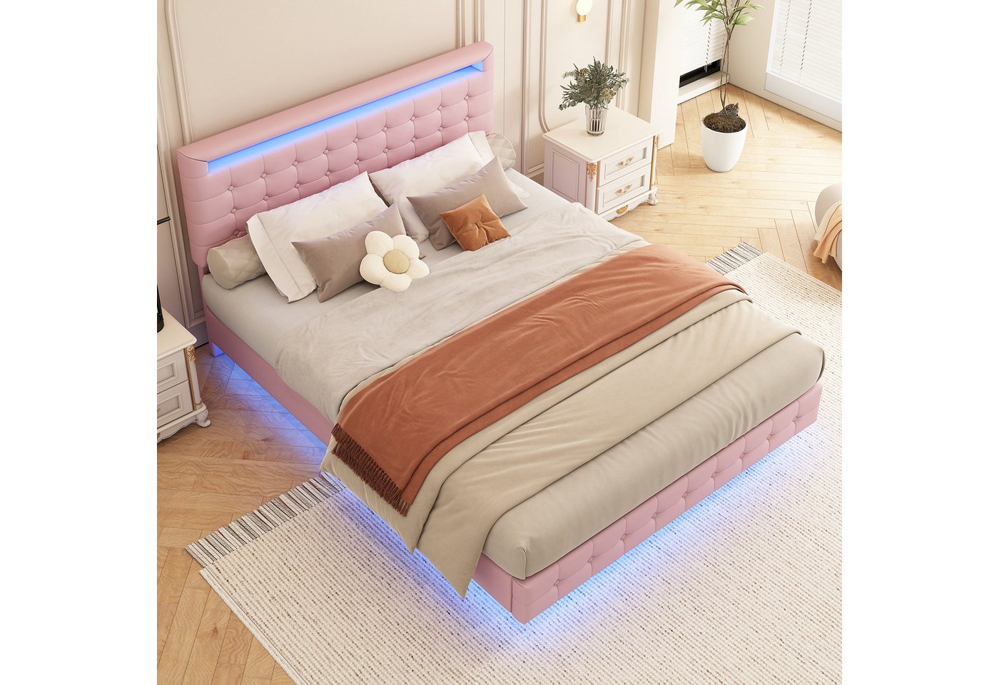 Flieks Polsterbett, LED Doppelbett Schwebebett 140x200cm mit hochstellbarem Kopfteil – Bild 3 von 5
