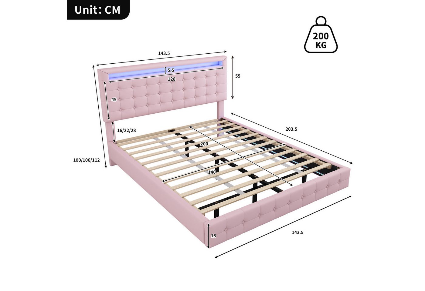 Flieks Polsterbett, LED Doppelbett Schwebebett 140x200cm mit hochstellbarem Kopfteil – Bild 4 von 5