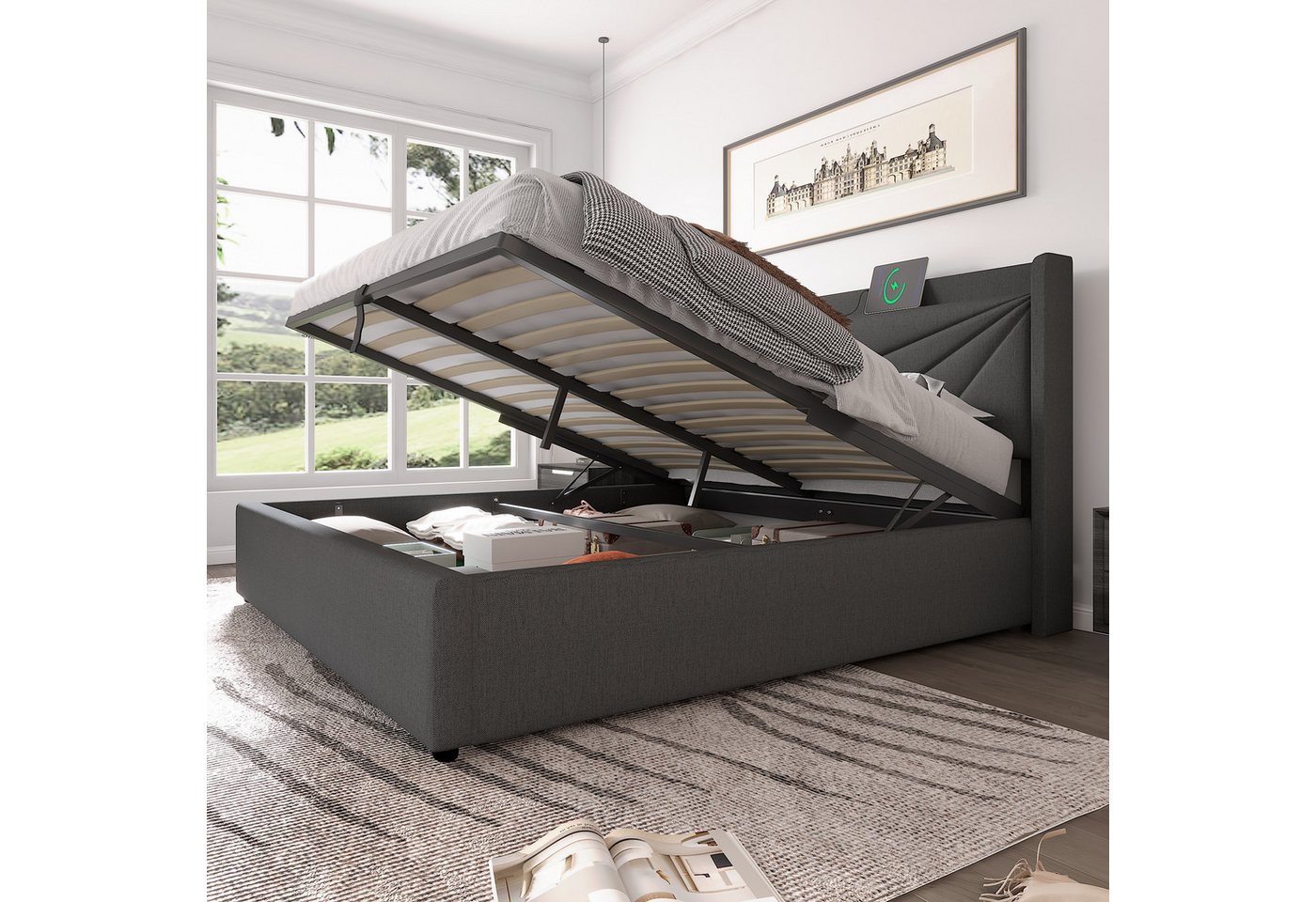 Flieks Polsterbett, Massivholz Stauraumbett mit USB/Typ-C Ladeanschluss 160x200cm Leinen – Bild 2 von 5