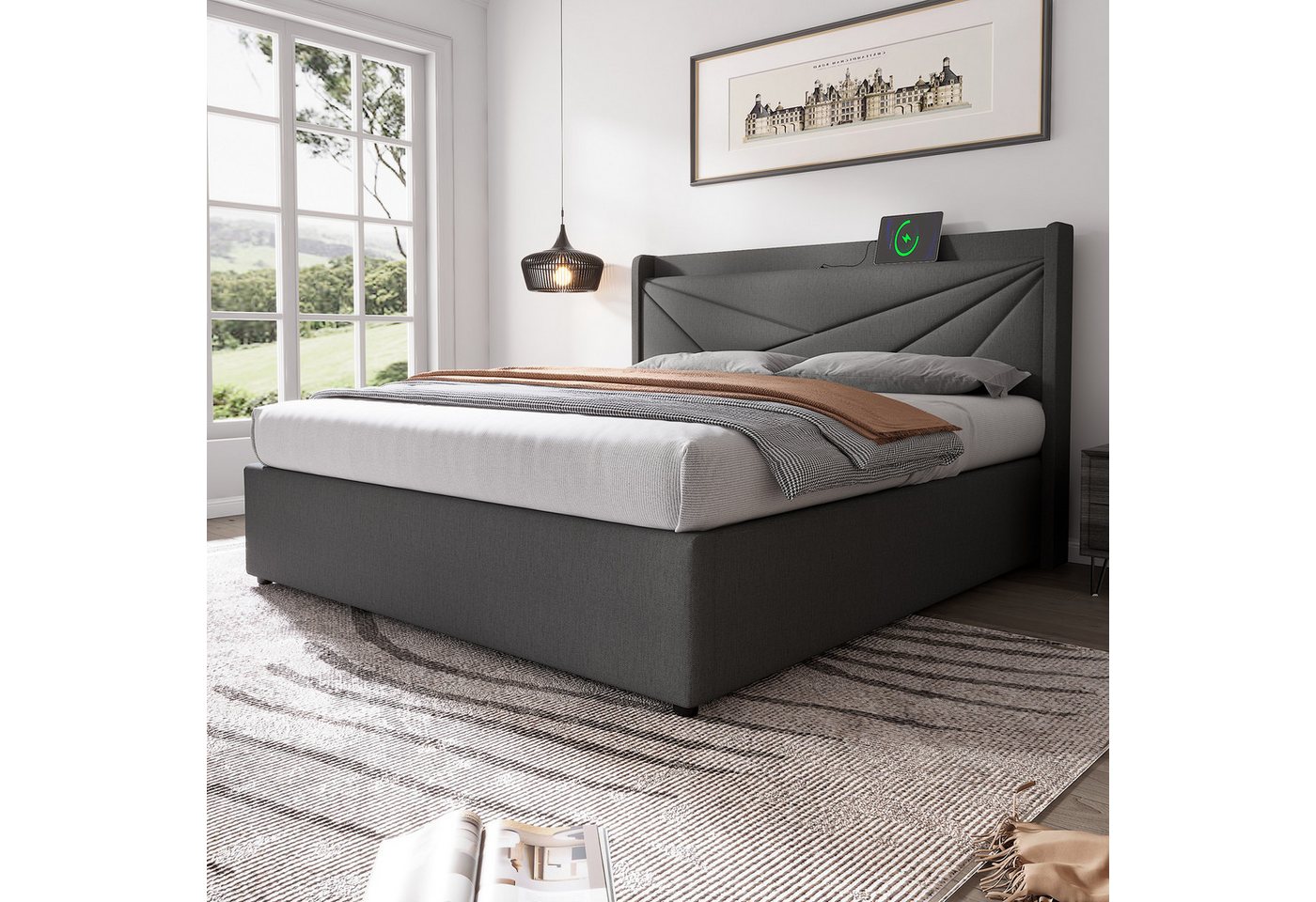 Flieks Polsterbett, Massivholz Stauraumbett mit USB/Typ-C Ladeanschluss 160x200cm Leinen – Bild 3 von 5