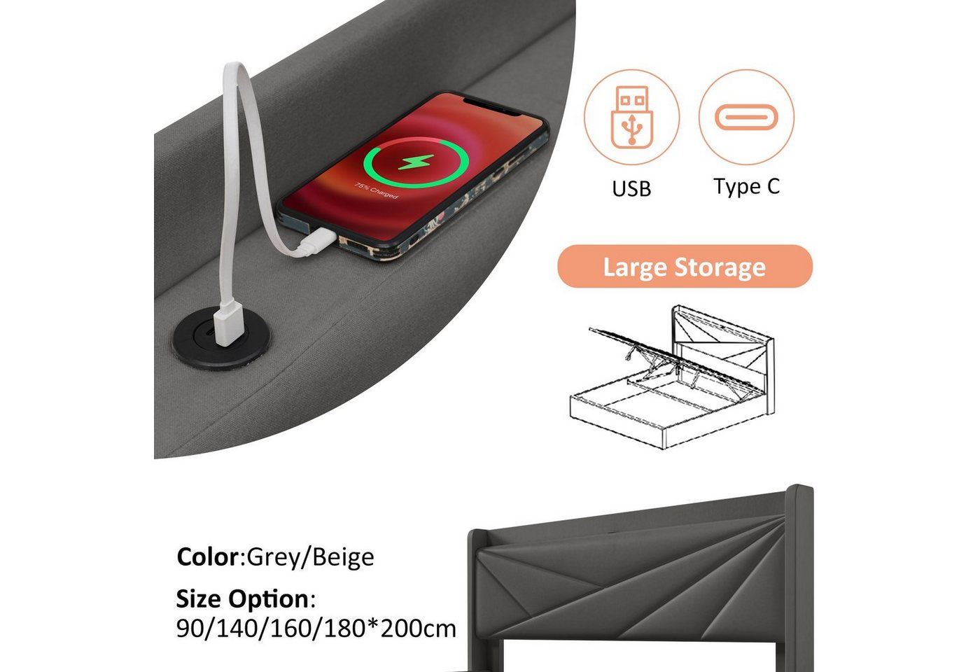 Flieks Polsterbett, Massivholz Stauraumbett mit USB/Typ-C Ladeanschluss 160x200cm Leinen – Bild 4 von 5