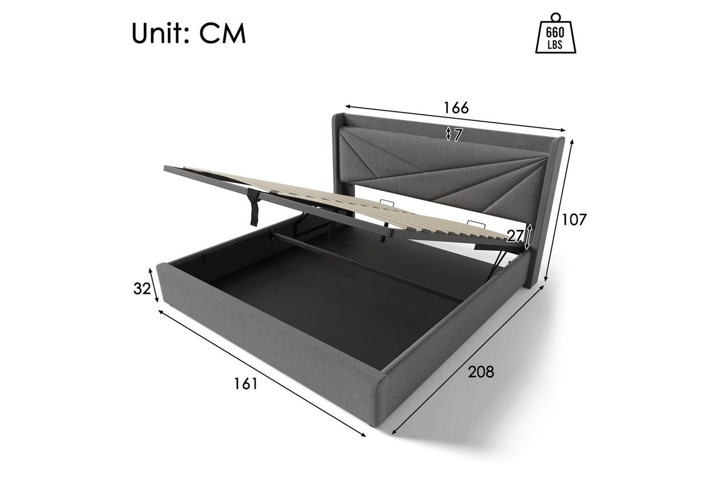 Flieks Polsterbett, Massivholz Stauraumbett mit USB/Typ-C Ladeanschluss 160x200cm Leinen – Bild 5 von 5