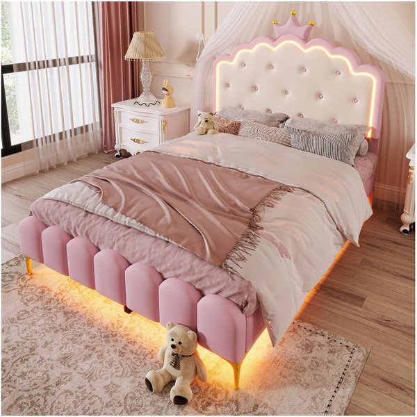 Flieks Polsterbett, LED Prinzessinnenbett Kinderbett 140x200cm mit Krone-Design-Kopfteil