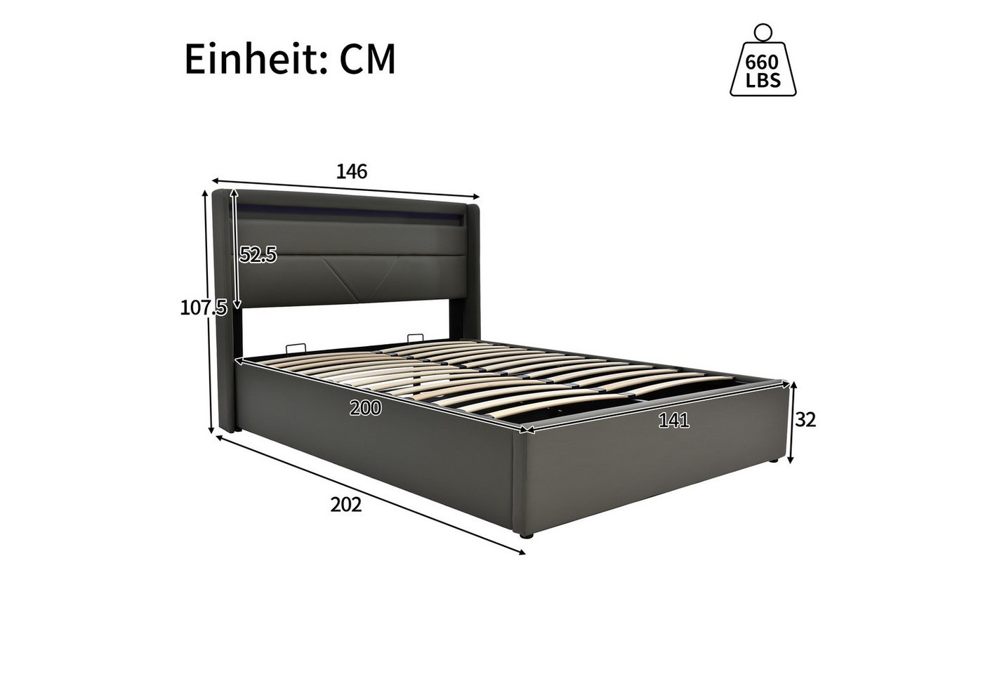 Flieks Polsterbett, LED Hydraulisches Stauraumbett Kunstleder 140x200cm – Bild 3 von 5