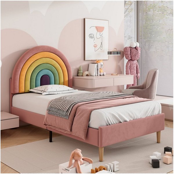 Flieks Polsterbett, Kinderbett mit verstellbarem Regenbogen-Kopfteil 90x200cm Samt