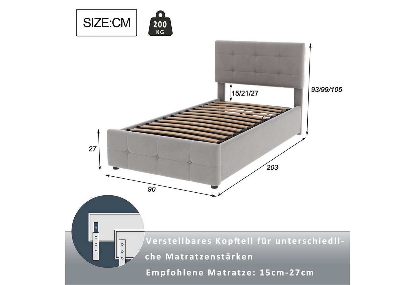 Flieks Polsterbett, Hydraulisches Stauraumbett Einzelbett Kinderbett 90x200cm Samtstoff – Bild 4 von 5