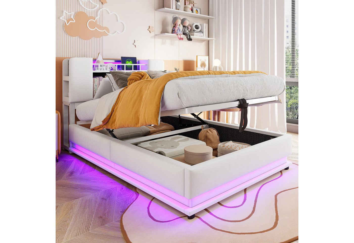 Flieks Polsterbett, Hydraulisches Stauraumbett Kinderbett 90x200cm mit LED und Aufladen – Bild 2 von 5