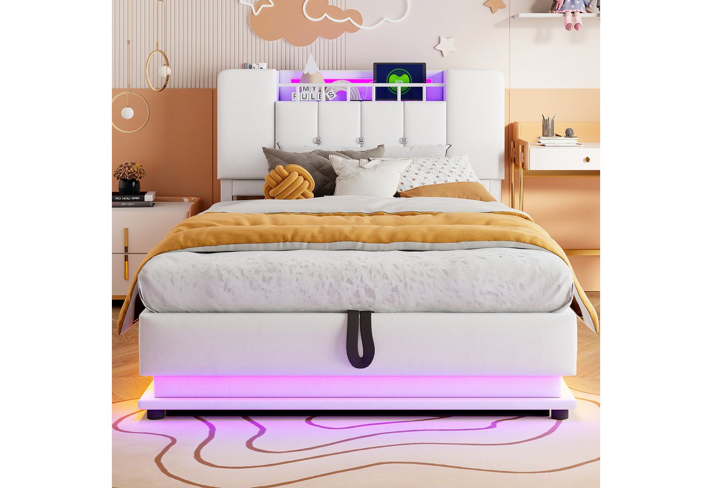 Flieks Polsterbett, Hydraulisches Stauraumbett Kinderbett 90x200cm mit LED und Aufladen – Bild 3 von 5