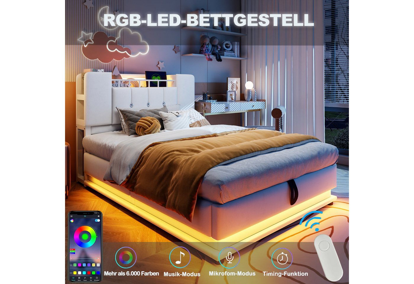 Flieks Polsterbett, Hydraulisches Stauraumbett Kinderbett 90x200cm mit LED und Aufladen – Bild 4 von 5