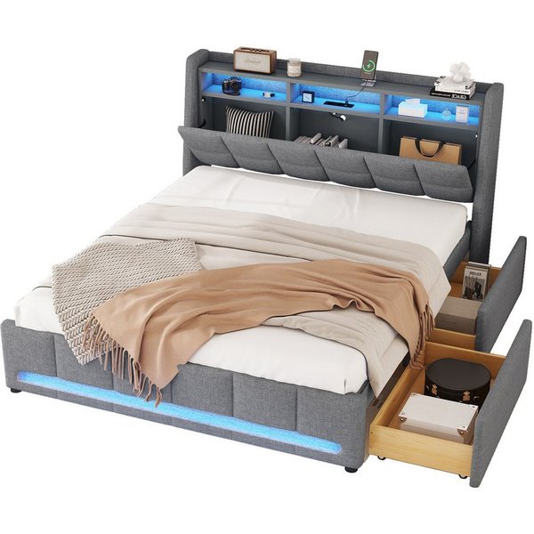 Flieks Polsterbett, APP-Fernbedienung-LED Doppelbett 140x200cm mit Schubladen Ladefunktion