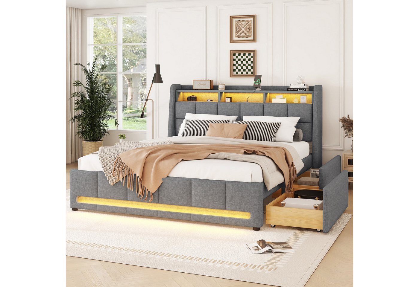 Flieks Polsterbett, APP-Fernbedienung-LED Doppelbett 140x200cm mit Schubladen Ladefunktion – Bild 2 von 5
