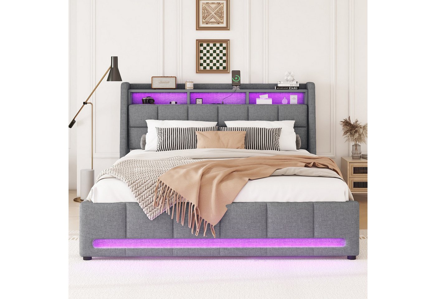 Flieks Polsterbett, APP-Fernbedienung-LED Doppelbett 140x200cm mit Schubladen Ladefunktion – Bild 3 von 5