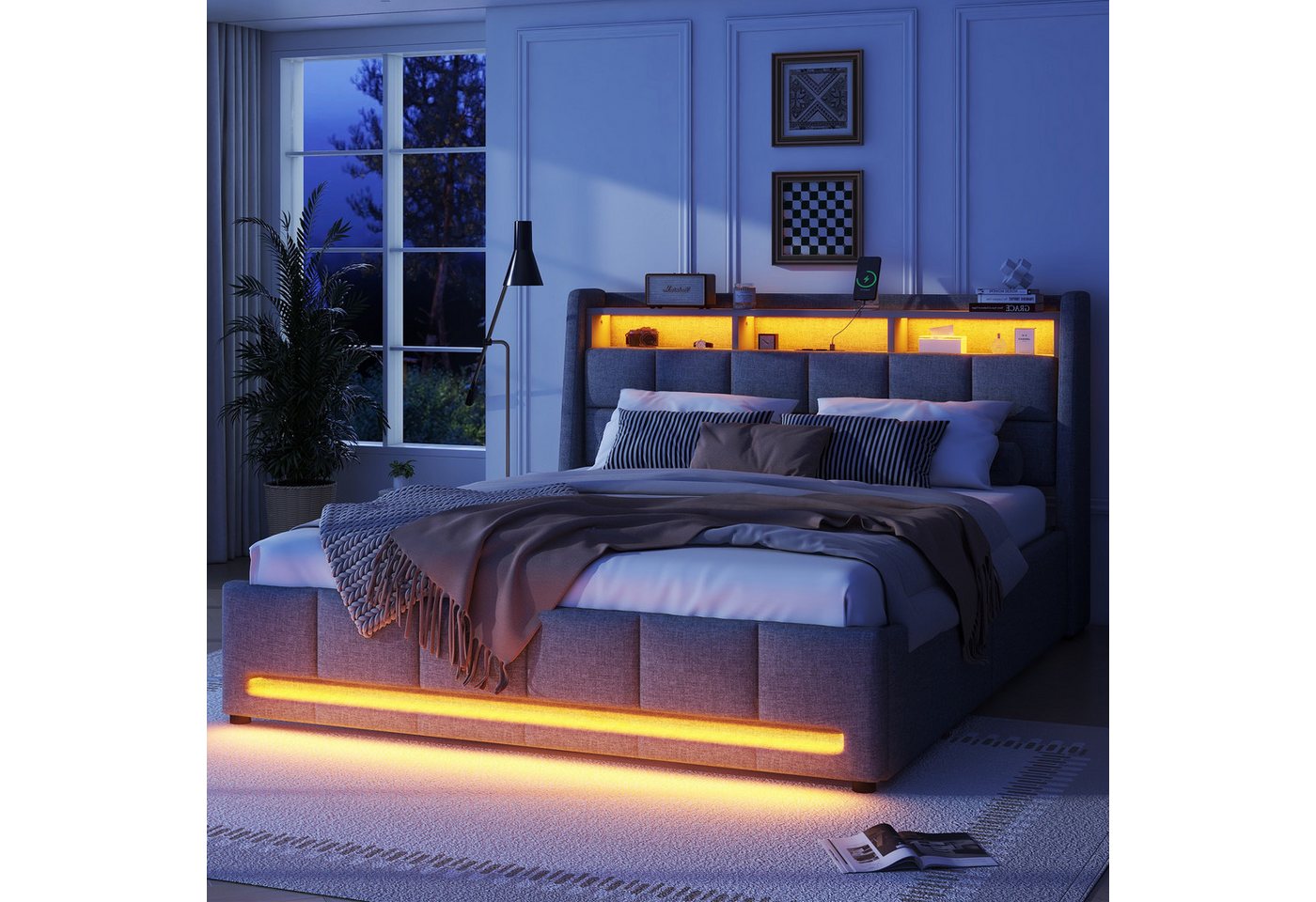 Flieks Polsterbett, APP-Fernbedienung-LED Doppelbett 140x200cm mit Schubladen Ladefunktion – Bild 4 von 5