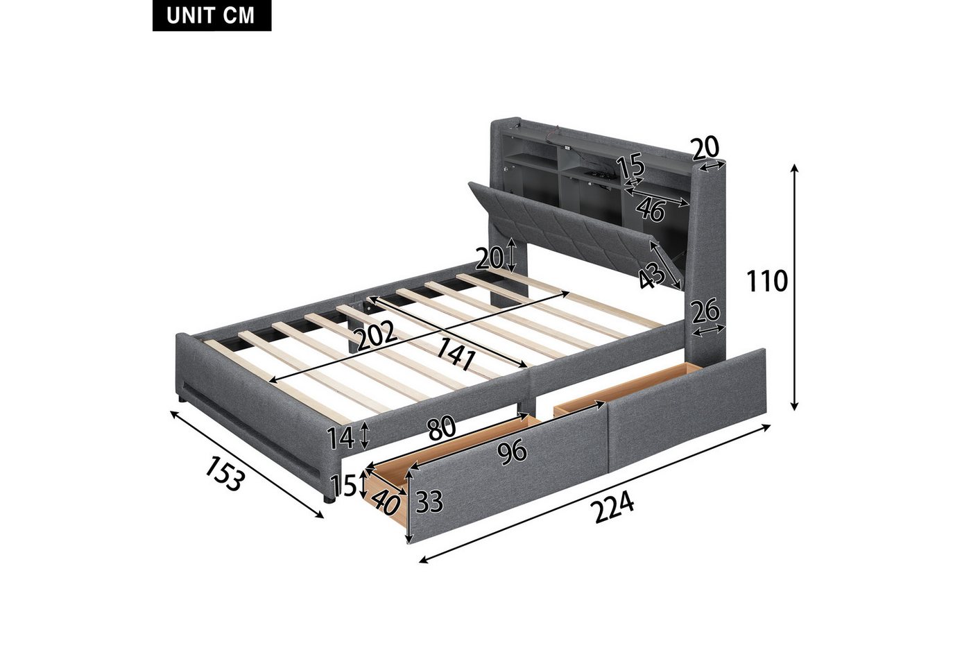 Flieks Polsterbett, APP-Fernbedienung-LED Doppelbett 140x200cm mit Schubladen Ladefunktion – Bild 5 von 5
