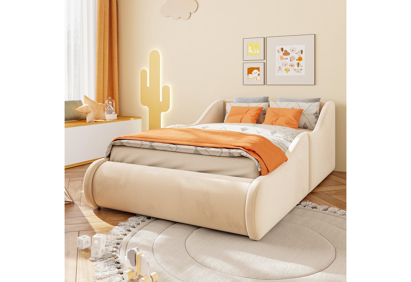 Flieks Polsterbett, Kinderbett 90x200cm mit hohem Kopfteil und Seitenschutzgittern – Bild 2 von 5