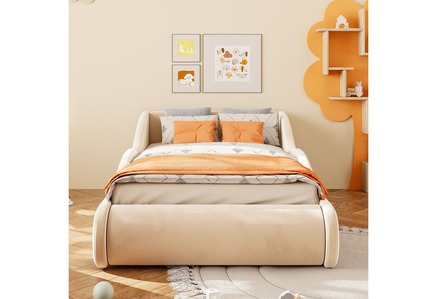 Flieks Polsterbett, Kinderbett 90x200cm mit hohem Kopfteil und Seitenschutzgittern – Bild 3 von 5
