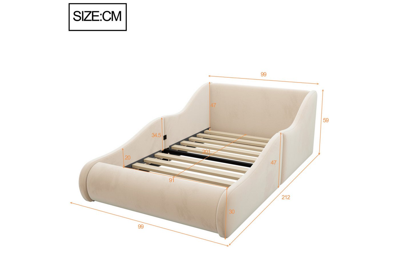 Flieks Polsterbett, Kinderbett 90x200cm mit hohem Kopfteil und Seitenschutzgittern – Bild 4 von 5
