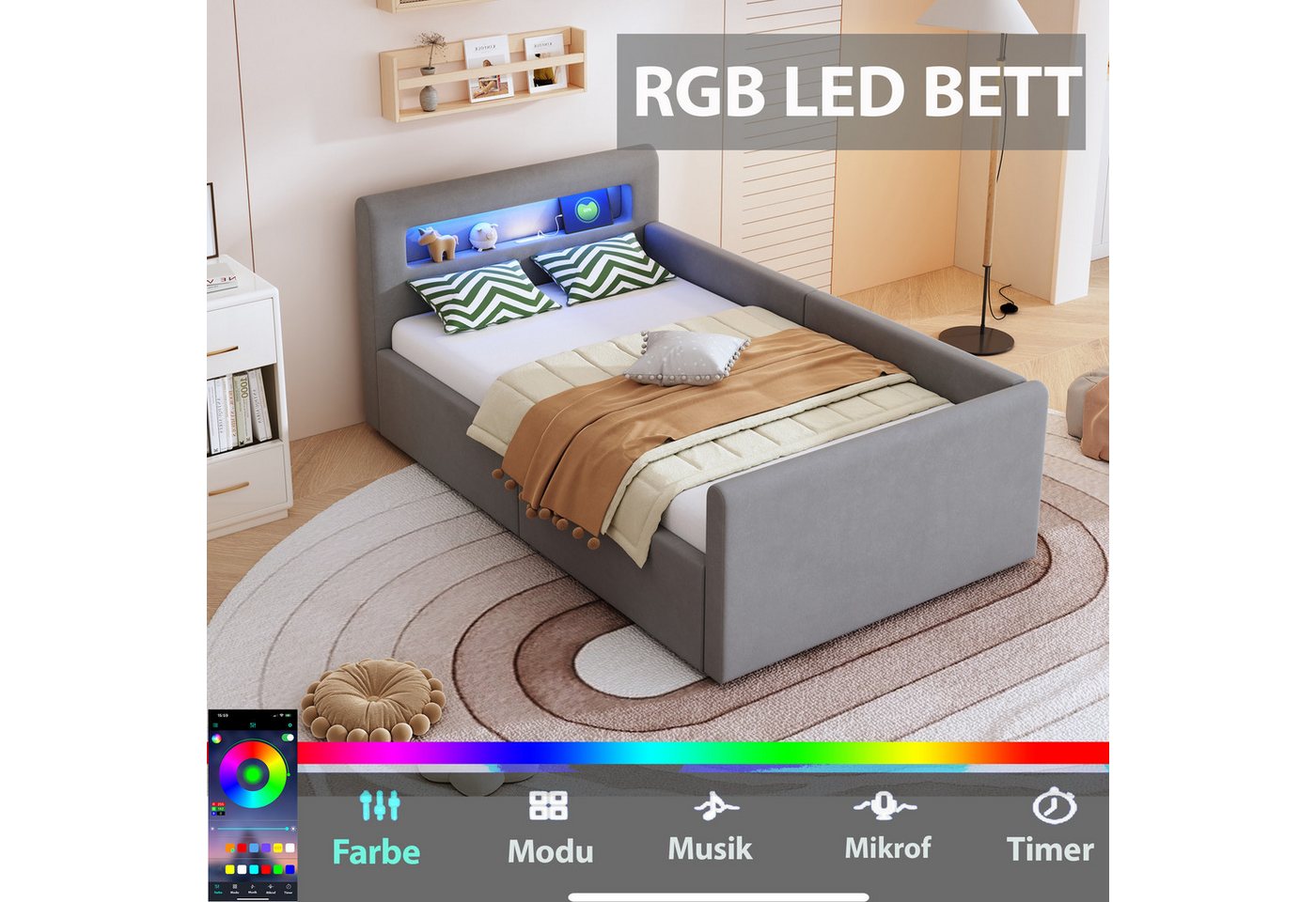 Flieks Polsterbett, Hydraulisches Stauraumbett Kinderbett 90x200cm mit Led und USB/Typ-C – Bild 2 von 5