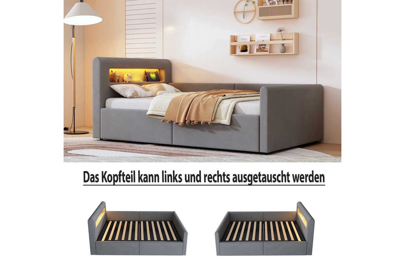 Flieks Polsterbett, Hydraulisches Stauraumbett Kinderbett 90x200cm mit Led und USB/Typ-C – Bild 4 von 5