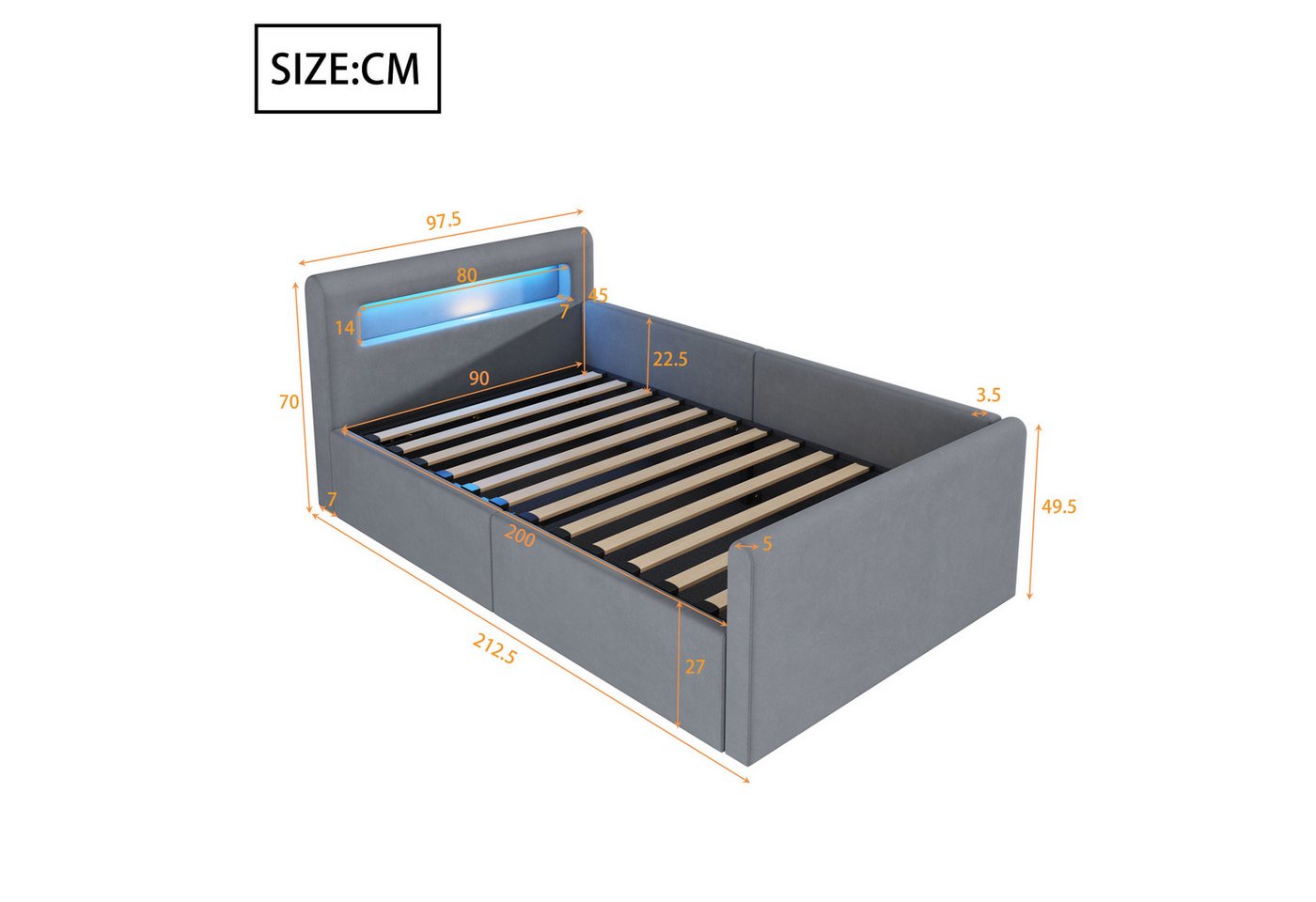 Flieks Polsterbett, Hydraulisches Stauraumbett Kinderbett 90x200cm mit Led und USB/Typ-C – Bild 5 von 5