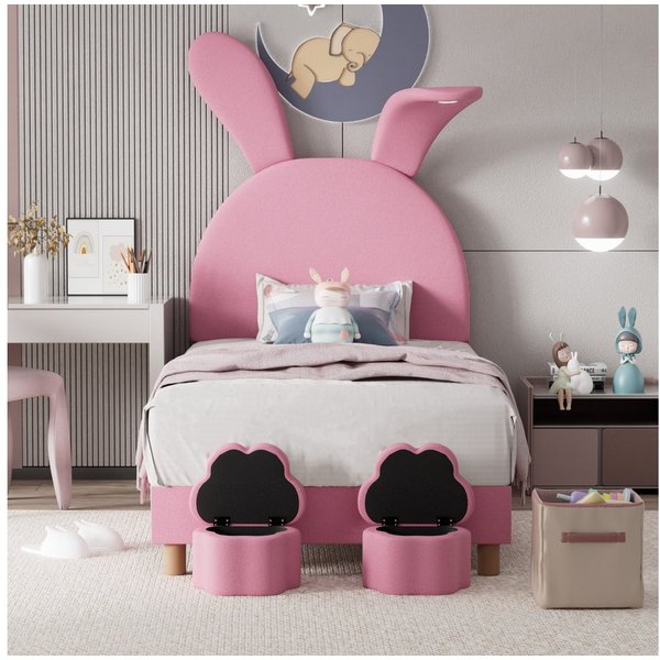 Flieks Polsterbett, LED Kinderbett 90x200cm mit ausklappbaren Hasenohren + Stauraumhockern