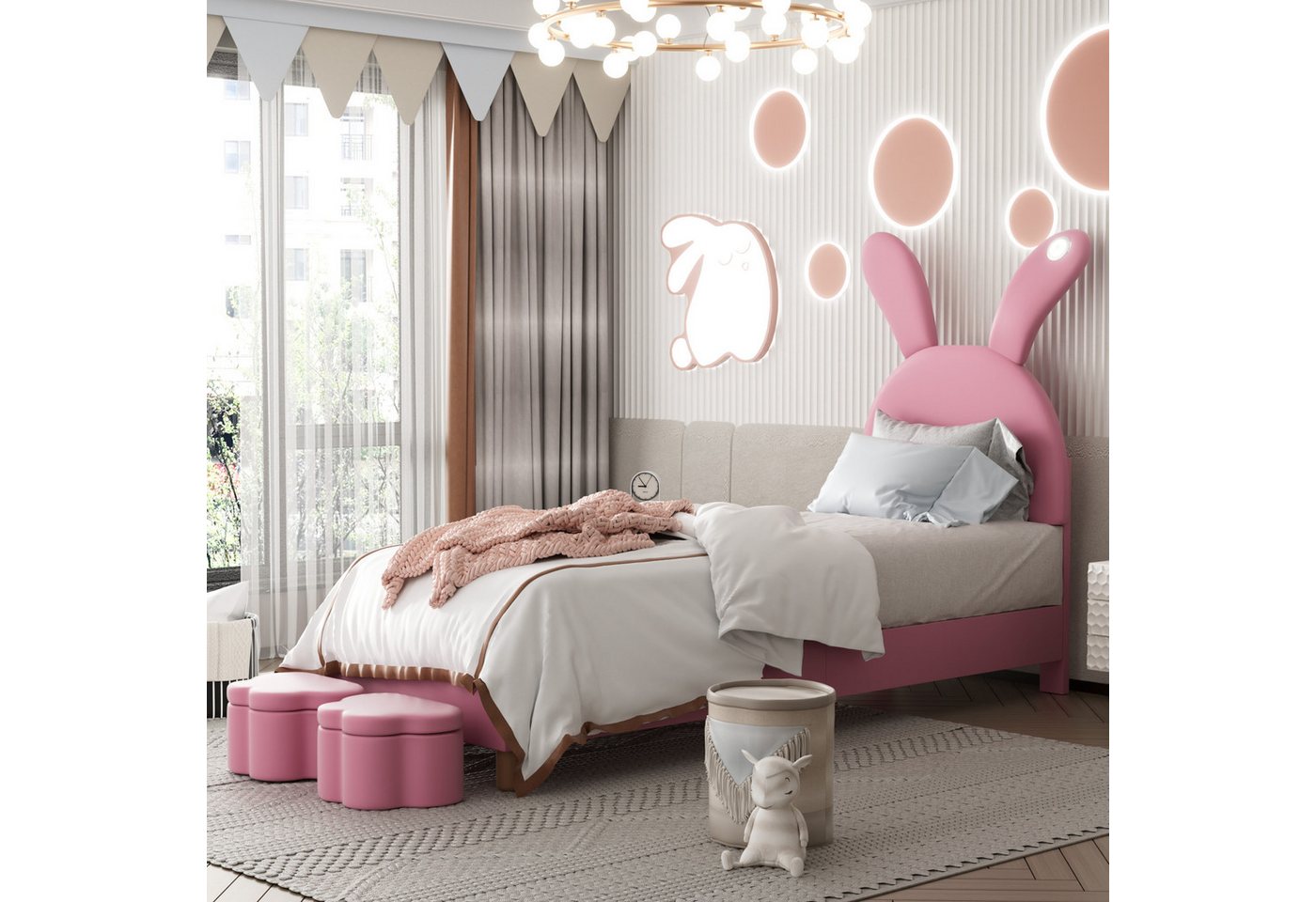 Flieks Polsterbett, LED Kinderbett 90x200cm mit ausklappbaren Hasenohren + Stauraumhockern – Bild 2 von 5