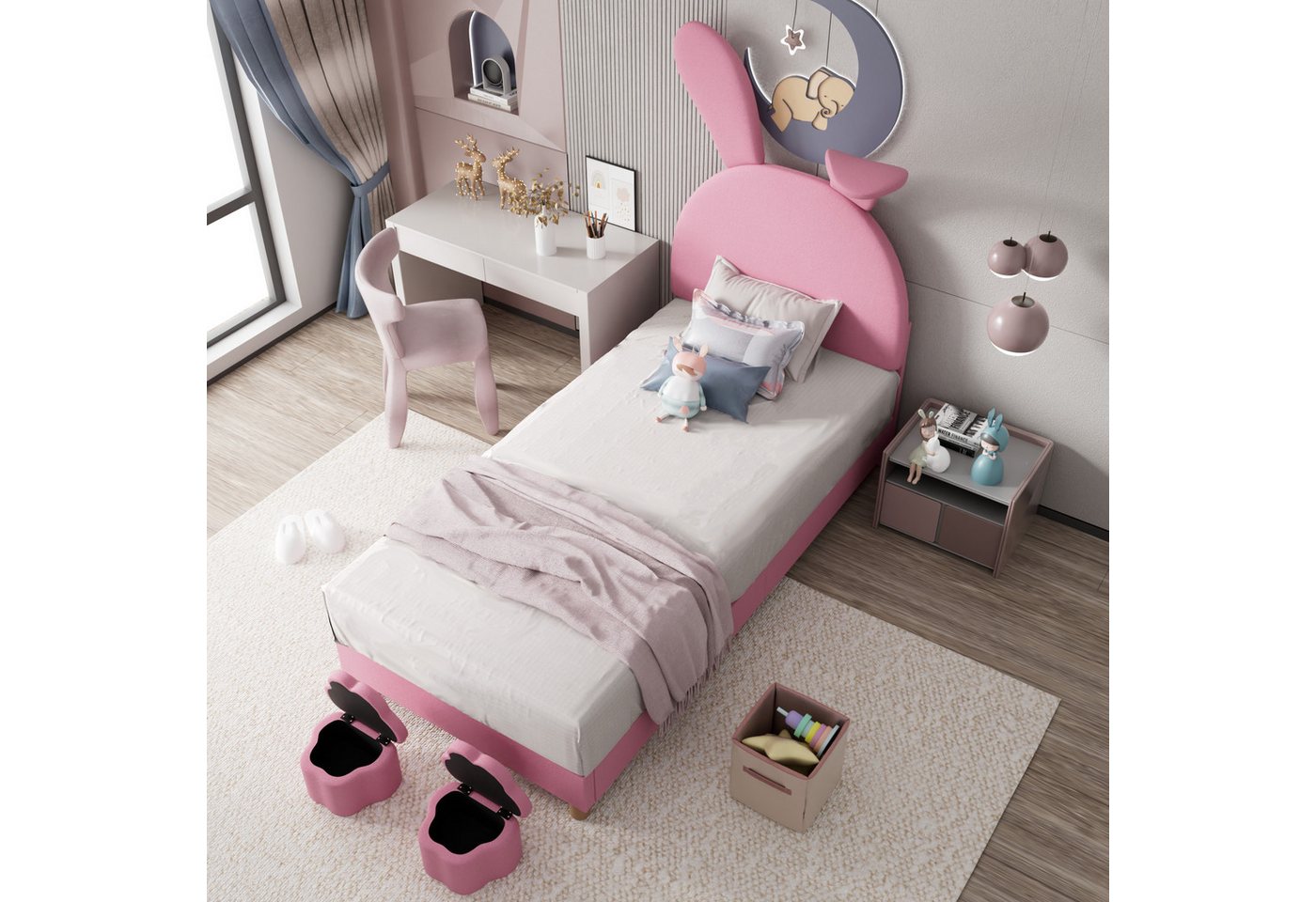Flieks Polsterbett, LED Kinderbett 90x200cm mit ausklappbaren Hasenohren + Stauraumhockern – Bild 3 von 5