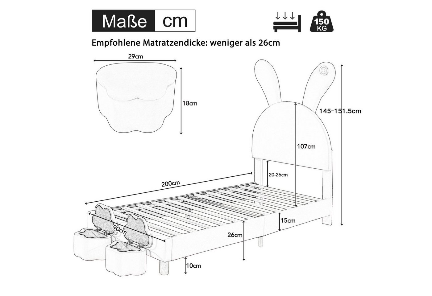 Flieks Polsterbett, LED Kinderbett 90x200cm mit ausklappbaren Hasenohren + Stauraumhockern – Bild 4 von 5