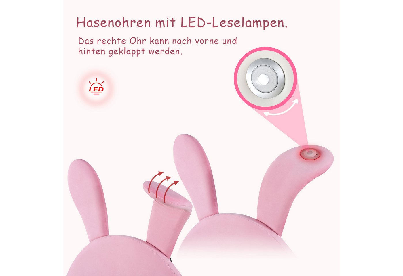 Flieks Polsterbett, LED Kinderbett 90x200cm mit ausklappbaren Hasenohren + Stauraumhockern – Bild 5 von 5