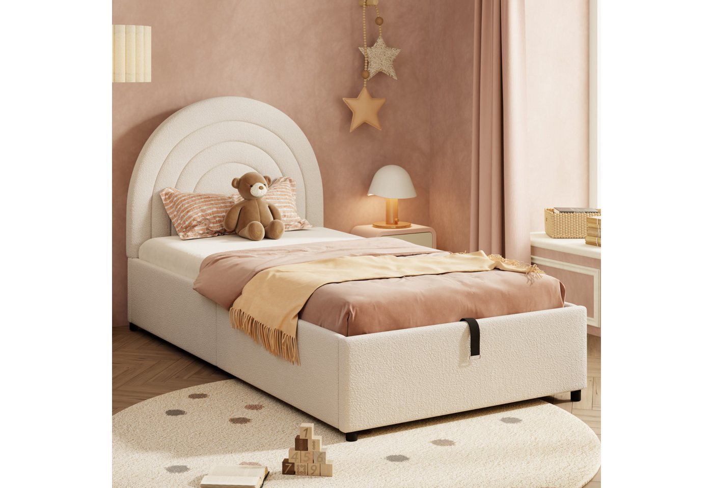 Flieks Polsterbett, Hydraulisches Kinderbett 90x200cm mit gepolstertem Kopfteil & Stauraum – Bild 2 von 5