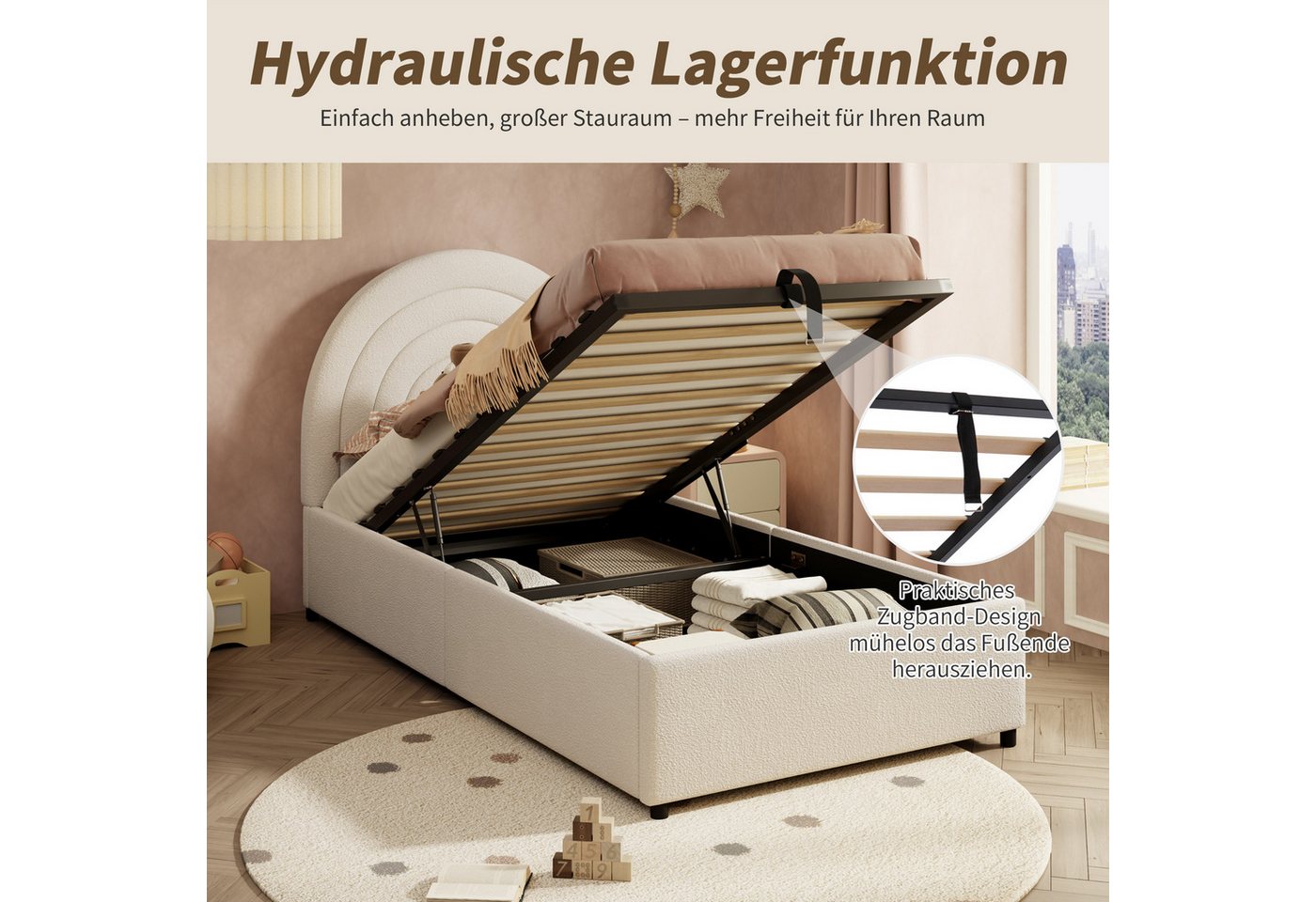 Flieks Polsterbett, Hydraulisches Kinderbett 90x200cm mit gepolstertem Kopfteil & Stauraum – Bild 4 von 5