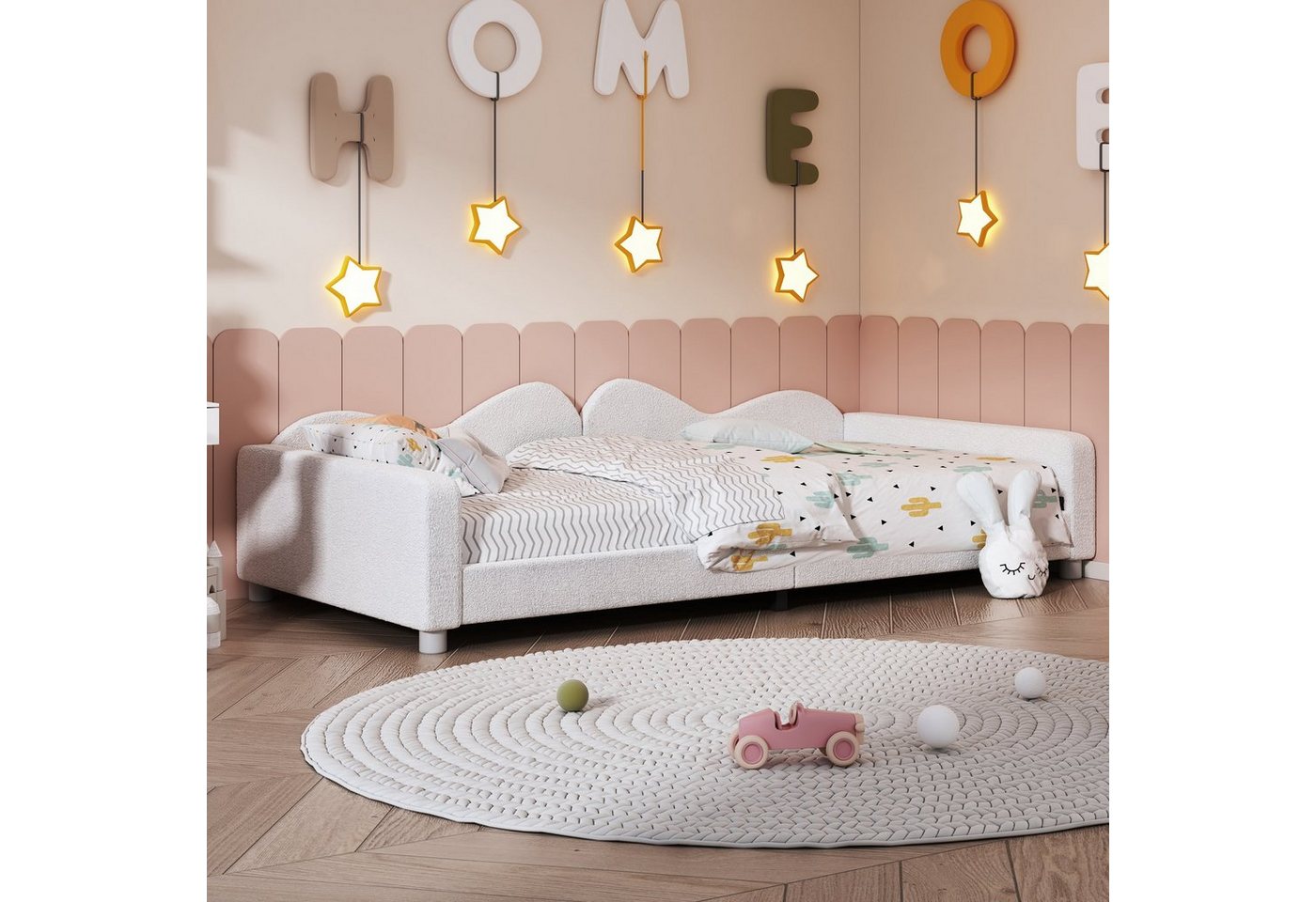 Flieks Polsterbett, Teddy-Samt Kinderbett Einzelbett Schlafsofa mit Lattenrost 90x200cm – Bild 2 von 5