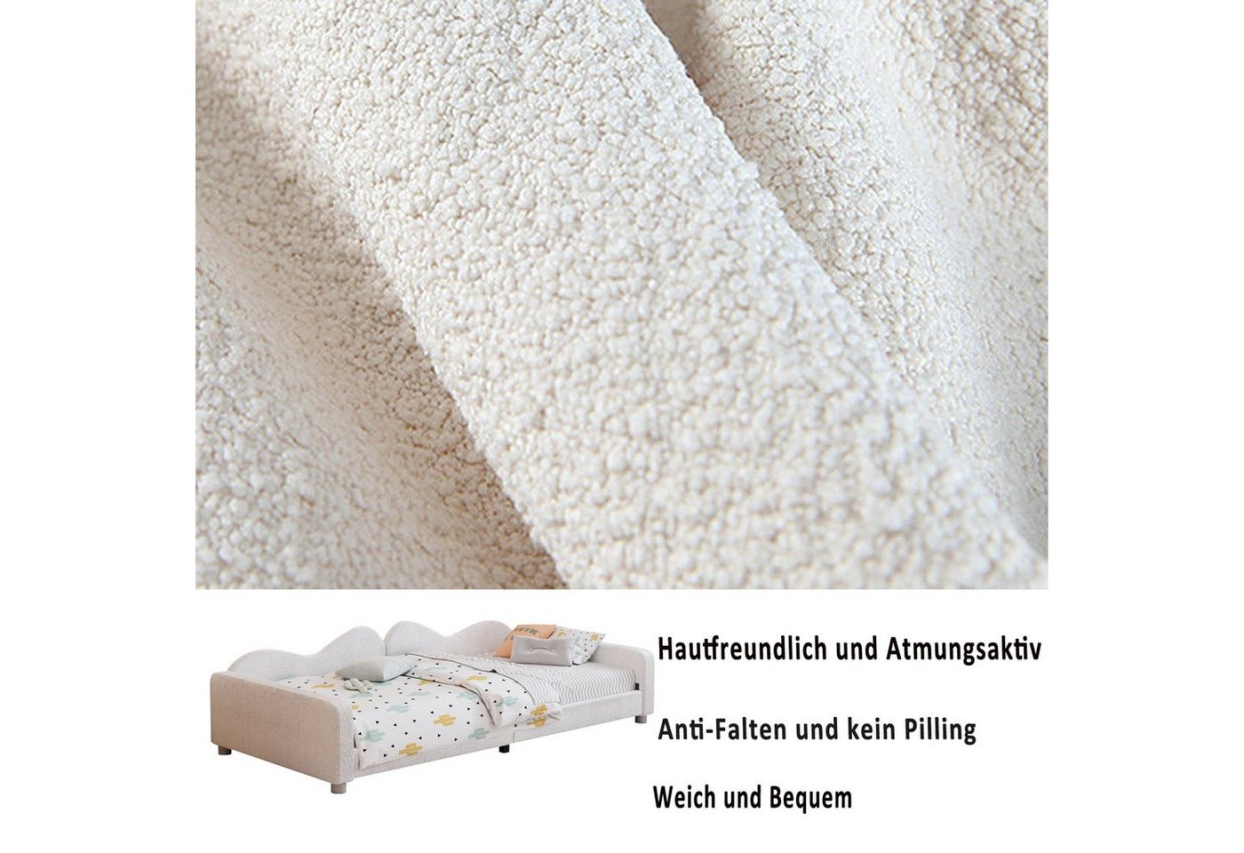 Flieks Polsterbett, Teddy-Samt Kinderbett Einzelbett Schlafsofa mit Lattenrost 90x200cm – Bild 4 von 5