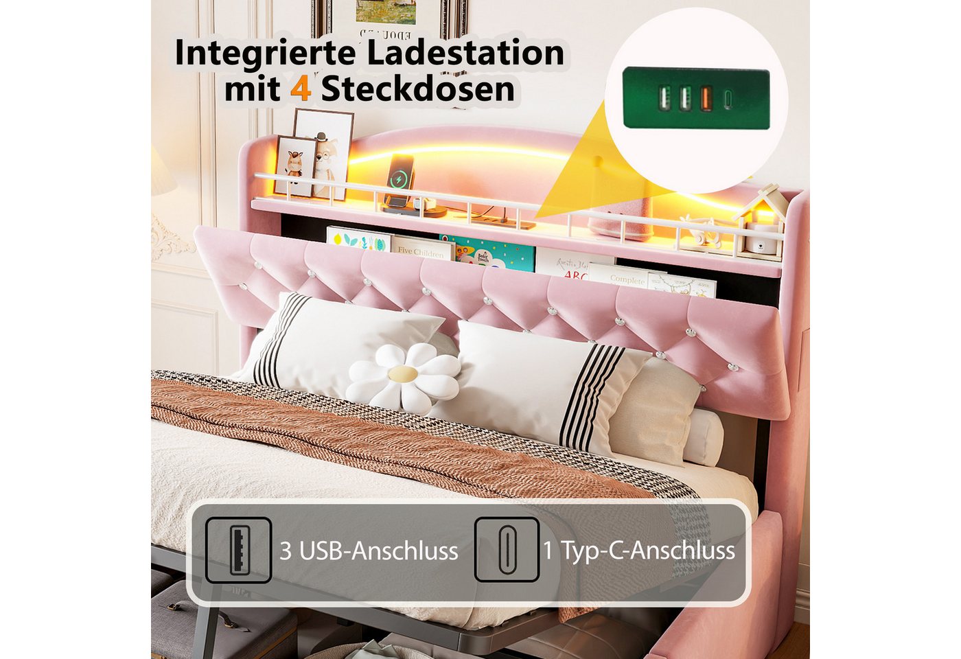 Flieks Polsterbett, Hydraulisches Kinderbett 180x200cm mit LED, Stauraum und Aufladen – Bild 4 von 5