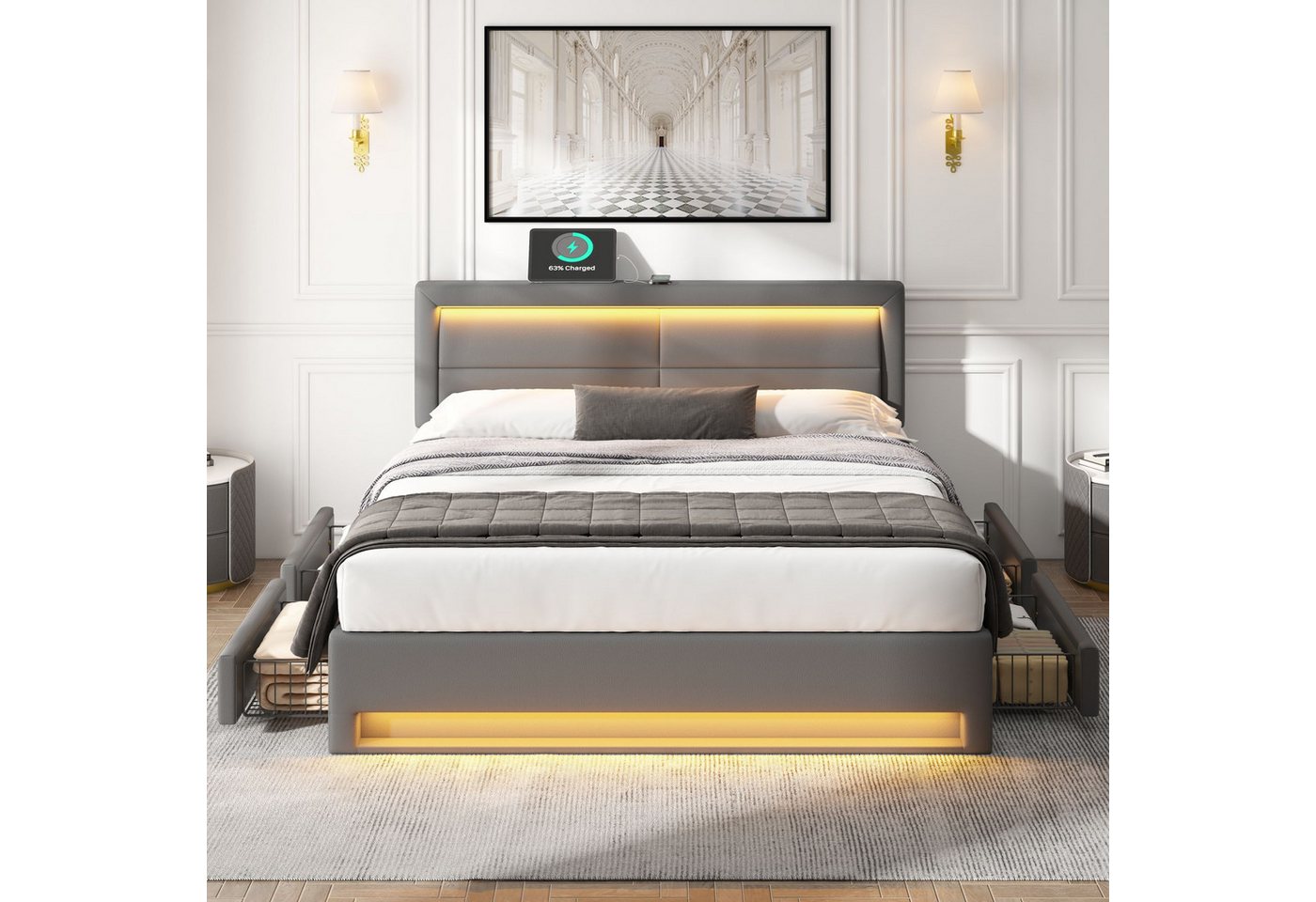 Flieks Polsterbett, LED Doppelbett 140x200cm mit USB-Anschluss und 4 Schubladen – Bild 2 von 5
